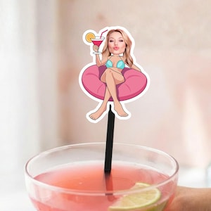 Martinis and Bikinis Bachelorette Party Supplies | Drink Stirrers for Beach Bach | Girl in Bikini | Tini Bit Older Birthday Party | Face image 1