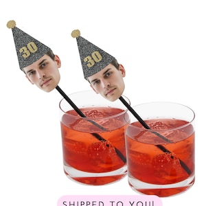 Face Drink Stirrers with Sparkly Hat, Swizzle Stick, 30th, 40th, 50th, Cocktail Stick, Party Decoration, Swizzle stick, Custom Drink Stirrer