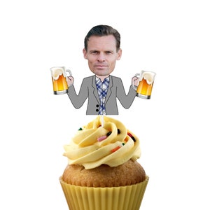 Cheers and Beers Cupcake Toppers Personalized with Face (12 count) - birthday party, Bachelor Party, Bachelorette Party, 30th, for him
