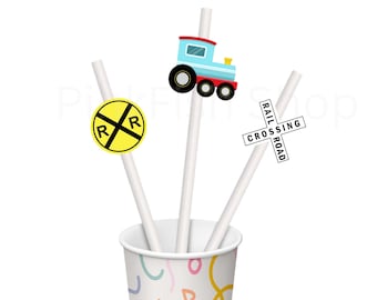 Train Themed Straw Flags  (24 count), - Conductor, Chugga Chugga Choo Choo, 2nd birthday, Stirrers, Train, Railroad crossing, Danger