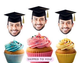 Graduation Cupcake Toppers with Face and Cap, Photo Cupcake Toppers with Black Cap, Graduation Party, Congrats Grad Decorations