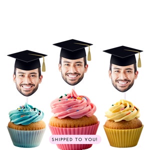 Graduation Cupcake Toppers with Face and Cap, Photo Cupcake Toppers with Black Cap, Graduation Party, Congrats Grad Decorations