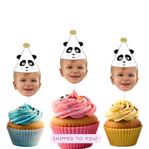 Panda Cupcake Toppers with Face and Panda Party hat on top, Panda Party Decorations, Phot Cupcake Toppers, Party like a Panda, Zoo Birthday