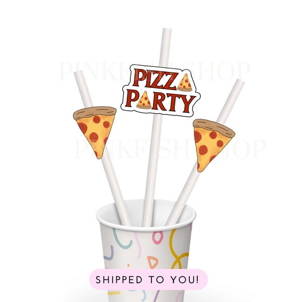 Pizza Party Straw Flags  and Paper Straws, Chef Hat, Pepperoni Pizza Party Decorations, Pizza Party Decor, Table Top Drink Decorations