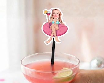 Suministros para despedidas de soltera con martinis y bikinis / Agitadores de bebidas para despedidas de soltera en la playa / Chica en bikini / Tini Bit para fiestas de cumpleaños para adultos mayores / Cara