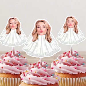 Bridal Cupcake Toppers with Face | Custom Photo Picks | Engagement Party | Bachelorette Party Favors | Bride Cake Topper | Wedding veil