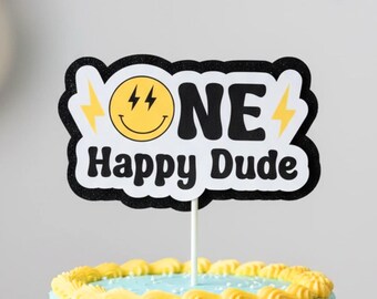 One Happy Dude Cake Topper | Smiley Birthday Party | Lightening Smiley Face Decorations | One Cool Dude Birthday