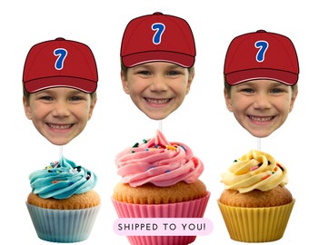 Baseball Cupcake Toppers with Photo and Baseball Hat, Face Cupcake Toppers Birthday, Rookie of the Year, Baseball Hat, Face Toppers,