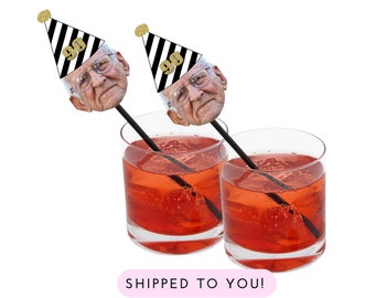 90th Birthday Drink Stirrers with Face and Party Hat, Swizzle Sticks, Ninetieth, 90th birthday Decorations, Photo Cocktail Stirrers