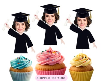 Graduation Cupcake Toppers with Photo and Cap and gown, Face Cupcake Toppers with Black Cap, Graduation Party, Congrats Grad Decorations