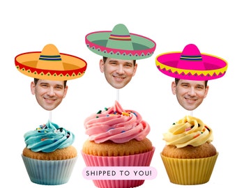 Photo Cupcake Toppers with Sombrero, Fiesta Party, First Fiesta, Final Fiesta Bachelorette Party, Face Cake Picks, Cinco De Mayo Decorations