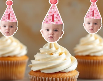 Adornos para cupcakes de primer cumpleaños con temática de fresas / Pegatinas de confeti con forma de pancarta facial / Tema de fiesta de fresas / Decoración personalizada para el primer cumpleaños / 1er cumpleaños