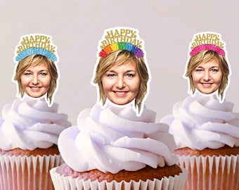 Birthday Party Party Decorations | Birthday Crown Cupcake Toppers with Face