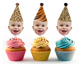 Animal Print Cupcake Toppers with Face and Party Hat (12 count), Jungle Themed Birthday, Giraffe, Tiger, Leopard, Zebra, Jungle Party Decor