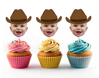 Décorations de cupcakes cowboy avec visage, chapeau de cowboy avec photo, décorations d'anniversaire, fête de départ en retraite, personnalisation, shower de bébé, premier rodéo