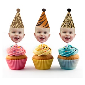Animal Print Cupcake Toppers with Face and Party Hat (12 count), Jungle Themed Birthday, Giraffe, Tiger, Leopard, Zebra, Jungle Party Decor