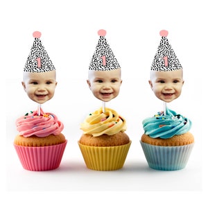Girly Leopard Print Cupcake Toppers with Face and Birthday Hat, Jungle, 1st Bday, White leopard, Pink, Jungle Theme, Wild One, Party Animals