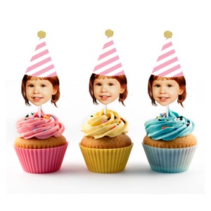 Pink and White Birthday Cupcake Toppers with Face and Birthday Hat - Party Decorations, 50th, 60th, 40th, 30th Bday, 1st, 3rd, Retirement