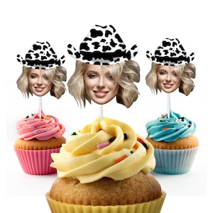 Cow print Cowboy Cupcake Toppers with Custom Face Photo (12 count) - Cowboy Hat, Birthday Decorations, Personalized, Bachelorette, Cow