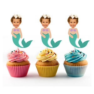 Mermaid Cupcake Toppers Custom with Face for Birthday Party Decorations, Cake Topper, Under the Sea, Purple, Mermaid Photo Cupcake Topper