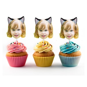 Cat Cupcake Toppers with Custom Face Photo (12 count) - Kitty Party, Let&#39;s Pawty, Face with Cat Ears, Cat Adoption Party, Kid Birthday,meow