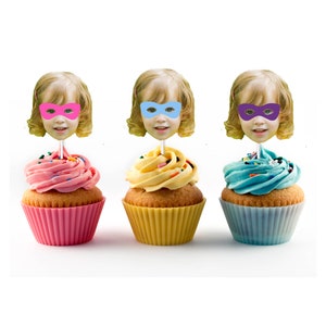 Girl Superhero Cupcake Toppers with Face for Birthday Party, Super, Hero, Party Decorations, Cake, Wow, BOOM, Pink, Girly, Blue, Purple