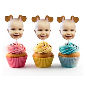 Dog Cupcake Toppers with Custom Face Photo, Puppy Party, Let's Pawty, Face with Dog Ears, Pup Adoption Party, Kid Birthday, Dog Birthday