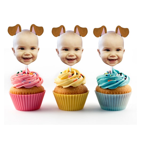 Dog Cupcake Toppers with Custom Face Photo, Puppy Party, Let's Pawty, Face with Dog Ears, Pup Adoption Party, Kid Birthday, Dog Birthday