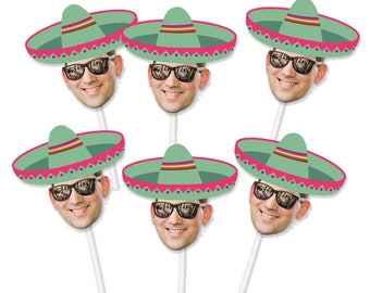 May include: Six green and pink sombrero photo booth props with sticks. Each sombrero has a different person's face with sunglasses.