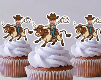 Adornos para cupcakes y decoraciones a juego para fiestas de rodeo / Vaquero montando un toro