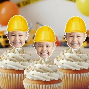Construction Face Cupcake Toppers, Custom Photo Cake Picks, Digger, Dump Truck, Face Cake topper, Hard hat, 2nd bday, picks, shovel,