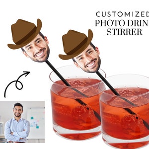 Cowboy Drink Stirrers with Face and Hat, Photo Swizzle Sticks, Rodeo Bachelorette, Bachelor, Western, 30th, 40th, Birthday, Last Rodeo Party