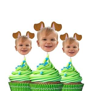 Dog Cupcake Toppers with Custom Face Photo, Puppy Party, Let&#39;s Pawty, Face with Dog Ears, Pup Adoption Party, Kid Birthday, Dog Birthday