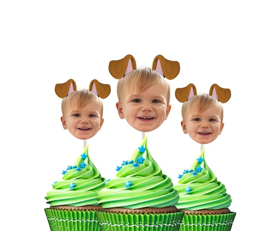 Dog Cupcake Toppers with Custom Face Photo, Puppy Party, Let's Pawty, Face with Dog Ears, Pup Adoption Party, Kid Birthday, Dog Birthday