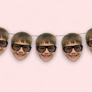 May include: A banner with five images of faces wearing black, plastic, shutter shades. The faces are all smiling.