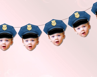 Pancarta de policía y decoración de fiesta a juego, gorra de policía, jubilación, fuerzas del orden.