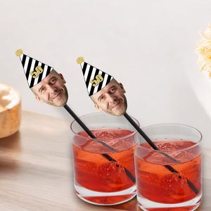 50th Birthday Drink Stirrers with Face and Hat, Swizzle Sticks - Fiftieth, Photo Cocktail Stirrers, 50th Anniversary, 30th, 40th