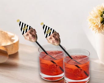50th Birthday Drink Stirrers with Face and Hat, Swizzle Sticks - Fiftieth, Photo Cocktail Stirrers, 50th Anniversary, 30th, 40th