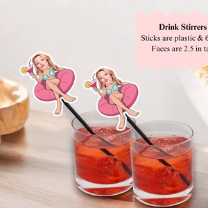 cute drink stirrers for bachelorette party of a girl in a bathing suit sitting in a pool raft with a martini