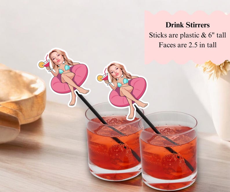 cute drink stirrers for bachelorette party of a girl in a bathing suit sitting in a pool raft with a martini