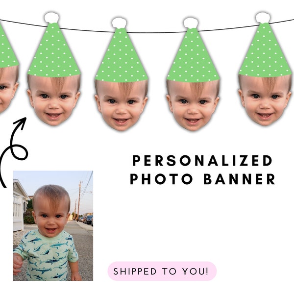 Photo Banner with Face and Green Polka Dot Bday Hat- Pre-strung - 30th, Garland, Party Decorations, 40th, Over the Hill, Golf Banner