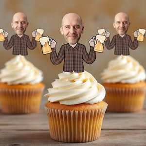 Man with Beers Cupcake Toppers with Personalized Custom Face Photo, Flannel, 30th, 40th bday, Cheers to 30 year, 50 af, Bachelor Party Favor