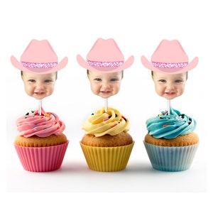 Rodeo Cupcake Toppers with Photo and Pink Cowgirl Hat, Face Cupcake Toppers Birthday, girly, Personalized, Bachelorette, Last Rodeo