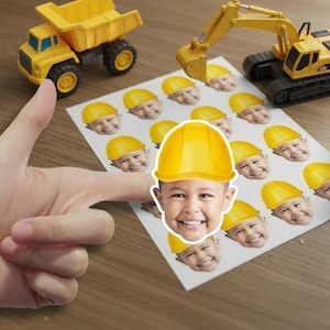 Custom Face Stickers with Construction Hat| Funny Party Favor | Hard Hat Photo Decals | Personalized Worker Theme Decoration | Yellow