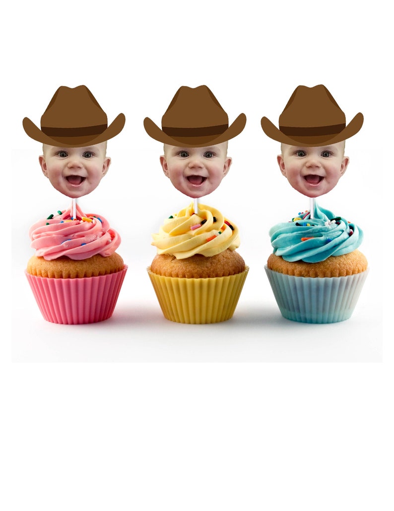 Cowboy Cupcake Toppers with Custom Face Photo (12 count) - Cowboy Hat, Birthday Decorations, Retirement Party, Personalized, Bridal Shower 