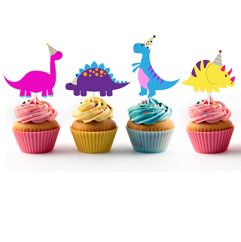 Girl Dinosaurs in Party Hats Cupcake Toppers 12 Count for Etsy
