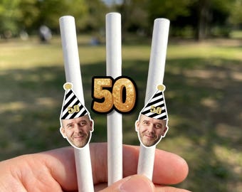 50th Birthday Photo Straws | Funny Face Drinking Paper Straws | Fiftieth Party Decorations