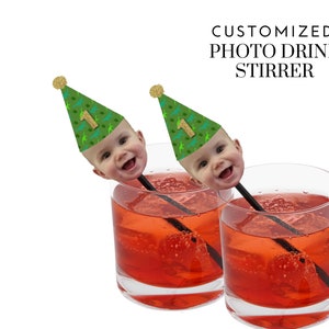 Drink Stirrers Customized with Photo and Dinosaur Hat (12 count), Swizzle Sticks - Dino Party, Dinosaur Party Decorations, Three-rex