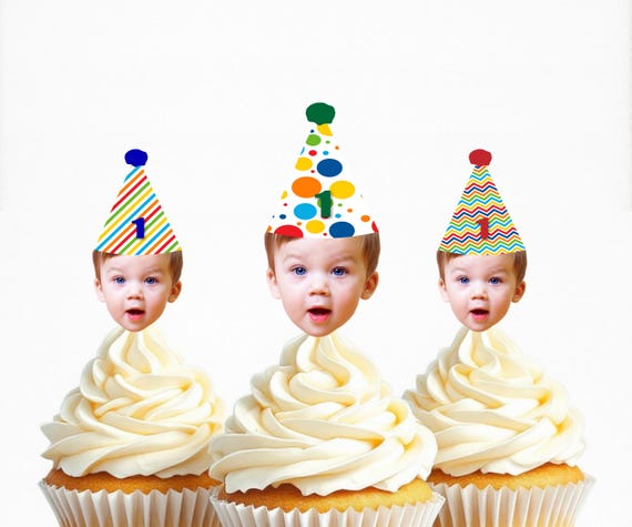 Colorful Birthday Cupcake Toppers | Face Party Decorations | Primary Colors | Red Blue Green | Photo Banner | 1st birthday | 2nd 3rd 4th 5th
