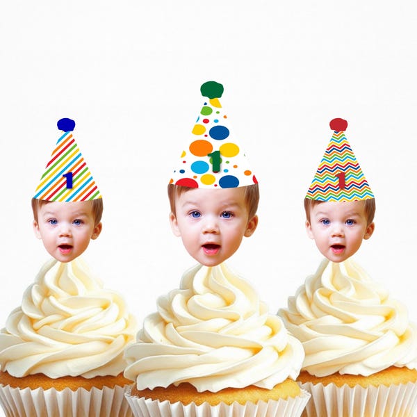 Colorful Birthday Cupcake Toppers | Face Party Decorations | Primary Colors | Red Blue Green | Photo Banner | 1st birthday | 2nd 3rd 4th 5th